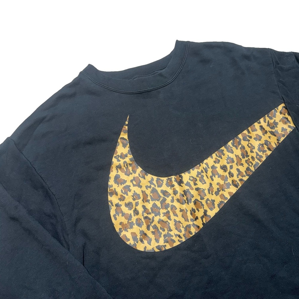 Nike Women's Large Black Crewneck Sweatshirt Leopard Print Big Swoosh Logo